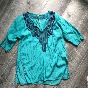 Aqua navy beaded embroidered tunic coverup xs